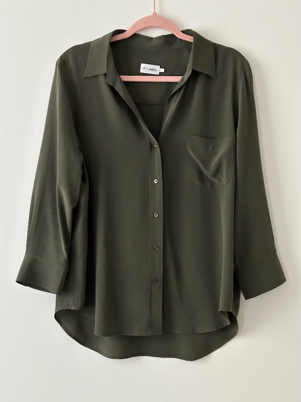 R Label 100% Silk Olive Green Shirt